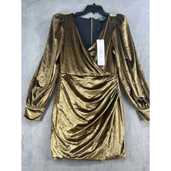 PatBO Metallic Velvet Mini Dress Size 10 Gold V Neck Womens Dress Empire Waist - Picture 3 of 14